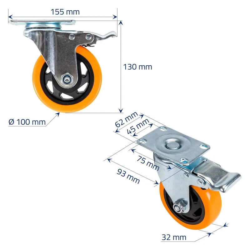 Lot de 4 roues avec frein capacité 460 kg